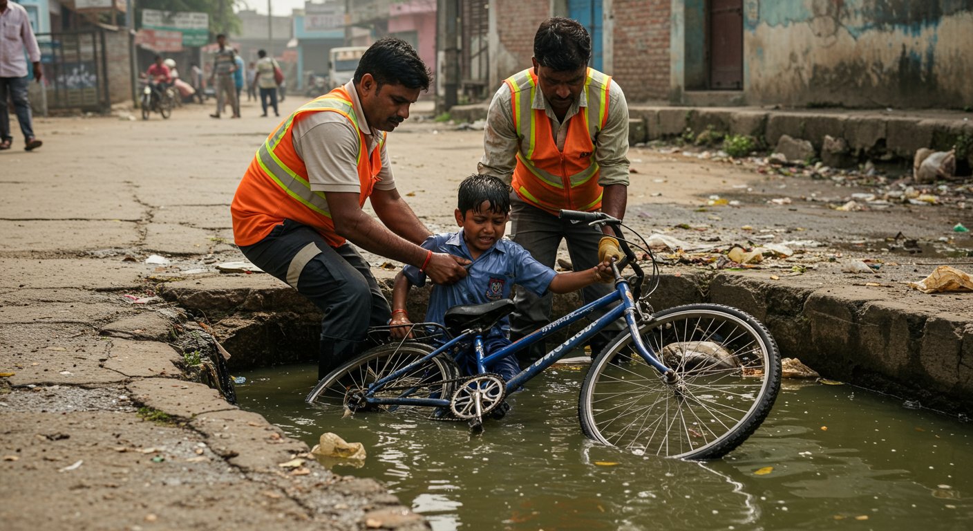 UP: School Student Falls Into Open Drain With Bicycle, Sanitation Workers Save Life; Government Meetings and Claims Questioned