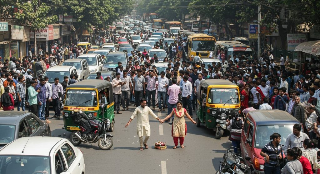 Four Rounds on the Road: Scooter-Bike Riders Have Unique Wedding After Collision, Causing Massive Traffic Jam!