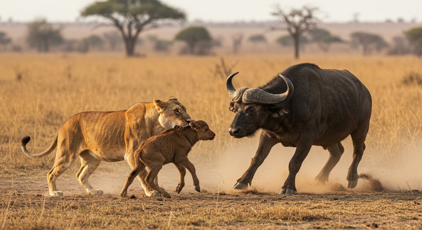 Calf in Lioness's Jaws, Buffalo Shows Mother's Strength: Viral Video Shocks!