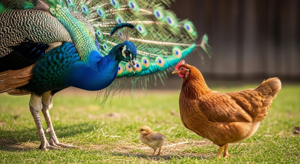 The peacock got restless seeing the hen, mistook it for his wedding night, and burst into laughter upon seeing the chick.