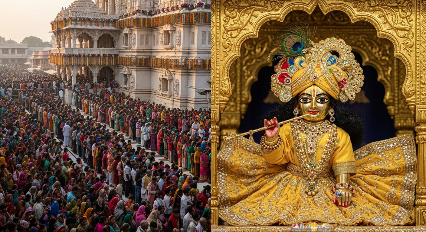 Shri Krishna Janmashtami Today, 1 Million Devotees in Vrindavan: Long Queues Outside Banke Bihari Temple, Thakur Ji's Garments Made of Gold in Mathura