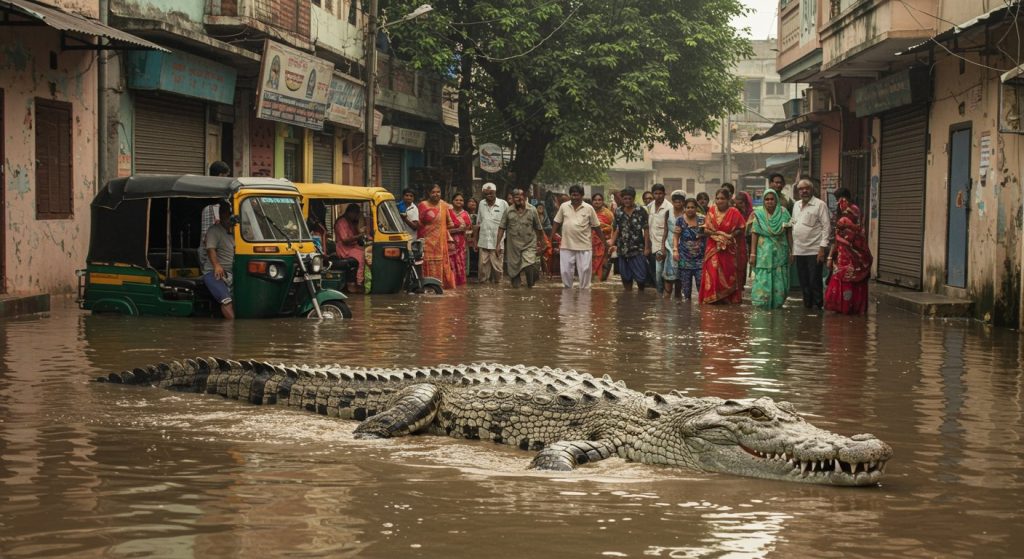 Giant Crocodile Seen Roaming on Waterlogged Roads, Creating Panic and Amazement in Uttar Pradesh; Forest Department Safely Rescued It
