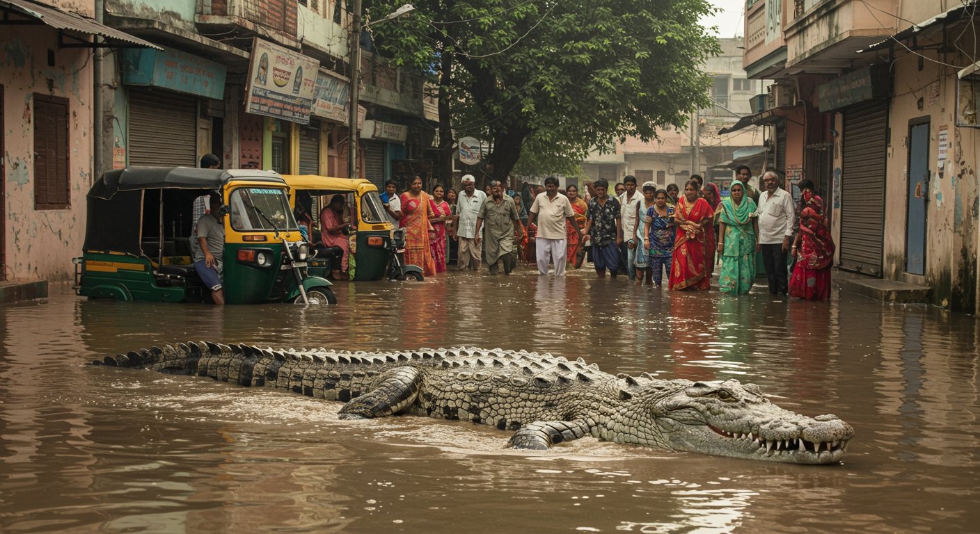 Giant Crocodile Seen Roaming on Waterlogged Roads, Creating Panic and Amazement in Uttar Pradesh; Forest Department Safely Rescued It