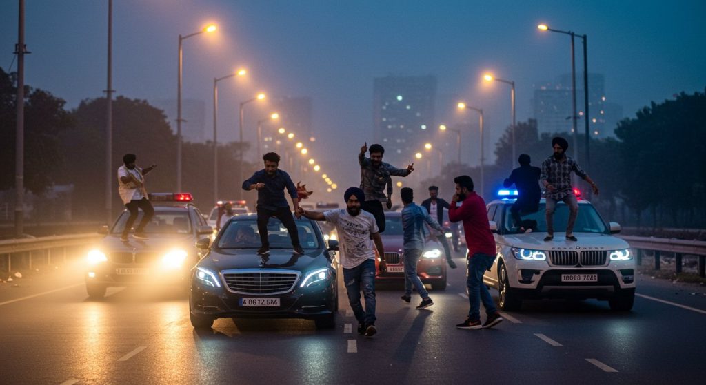 Luxury Car Stunts on Gurugram-Delhi Expressway: Danced to Punjabi-Haryanvi Songs, Fled After Showing Finger When Police Asked Them to Stop