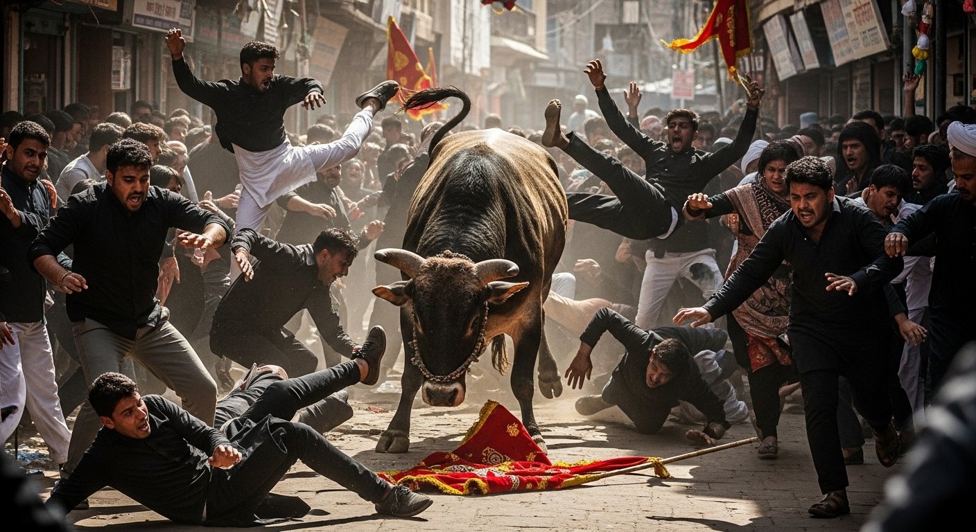 Bull Wreaks Havoc During Chehallum Procession in Sambhal: Unruly Animal's Entry Causes Stampede, Several Injured.