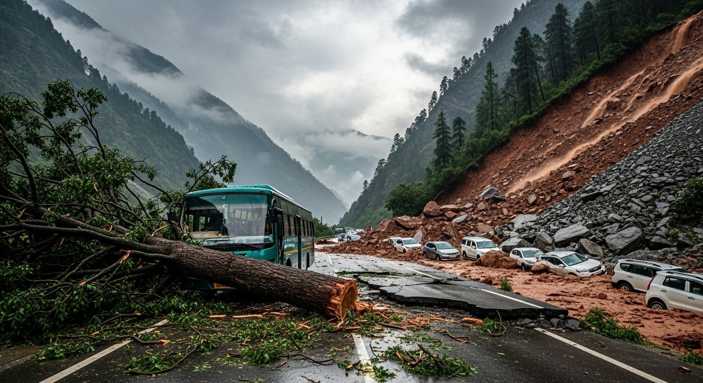 Nature's Havoc in Himachal: Tree Falls on Moving Bus, Schools Closed in 4 Districts; Chandigarh-Manali Four-Lane Blocked, Vehicles Trapped by Landslides, Kinnaur Kailash Yatra Postponed