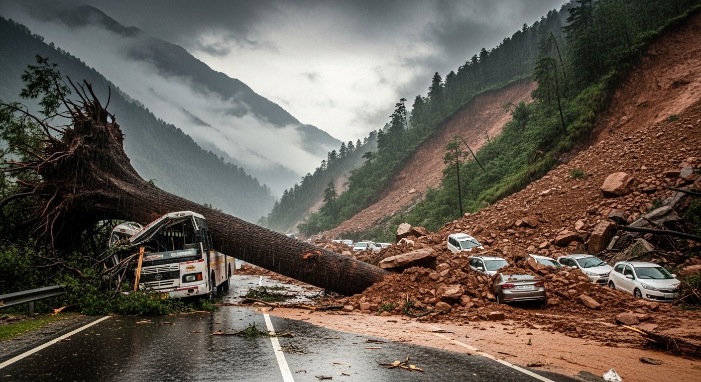 Devastating Rain and Landslides in Himachal: Tree Falls on Moving Bus Causes Chaos; Schools Shut in 4 Districts; Chandigarh-Manali Four-Lane Blocked; Vehicles Buried in Shimla-Kullu