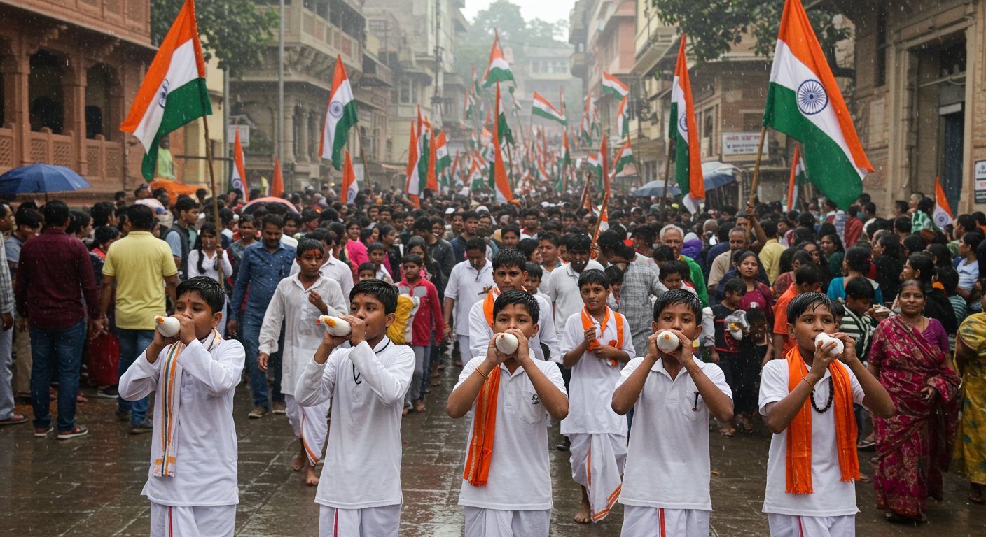 Grand Tiranga Yatra Begins in Kashi with Conch Sounds by Young Students: 4000 Participate, Enthusiasm Unfazed by Rain!