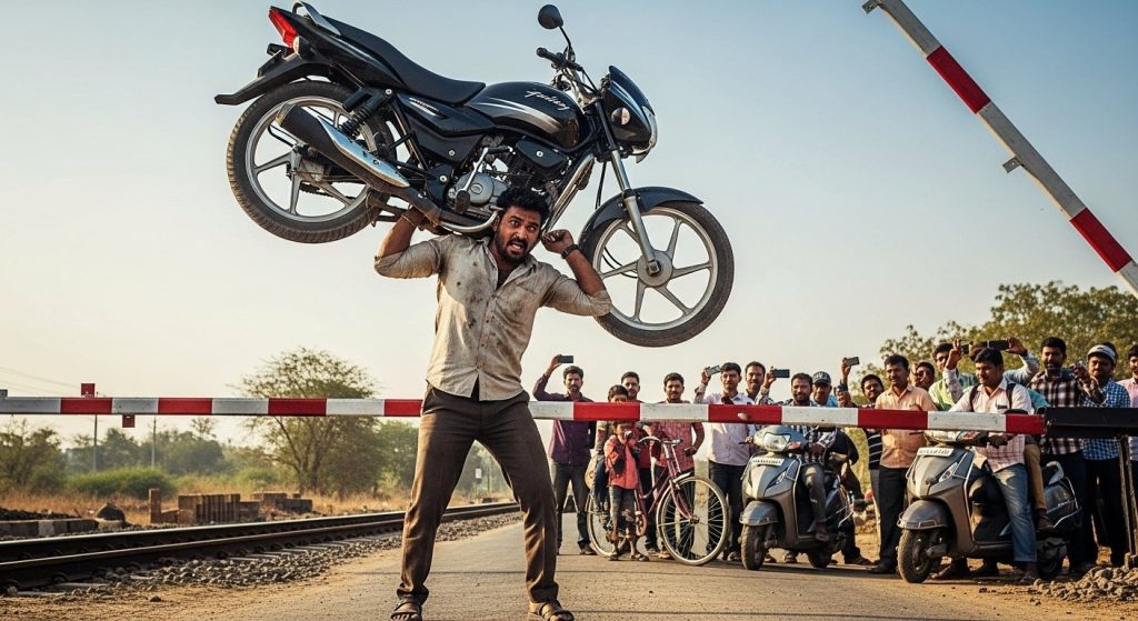 Long wait at the railway gate! Frustrated man lifts 112 kg bike on his shoulder, video goes viral!