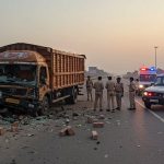 UP: Uncontrolled truck crashes into petrol pump wall on highway in Lalitpur; two, including driver, killed, one injured.