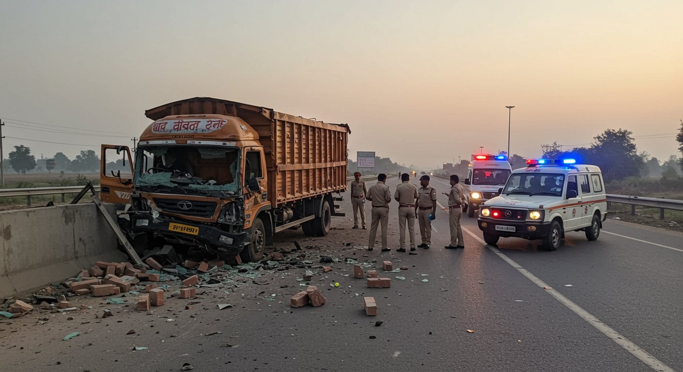 UP: Uncontrolled truck crashes into petrol pump wall on highway in Lalitpur; two, including driver, killed, one injured.