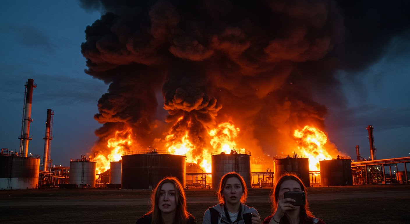 Ukraine's Drone Attack on Russian Oil Depot: Fire Erupts; Two Russian Girls Filming Explosion Detained