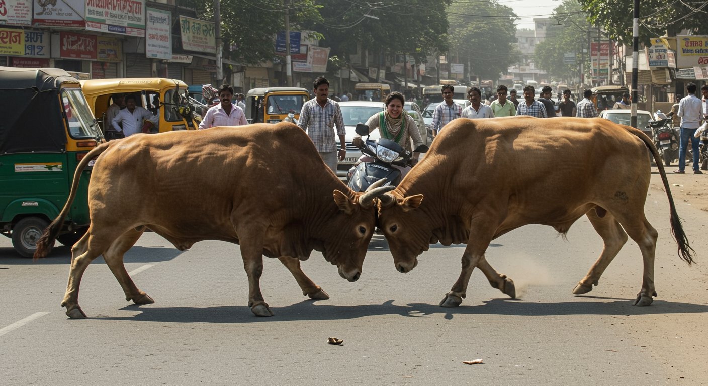 Two Bulls Clash on Road, Traffic Halted; Then Attack Woman on Scooter!