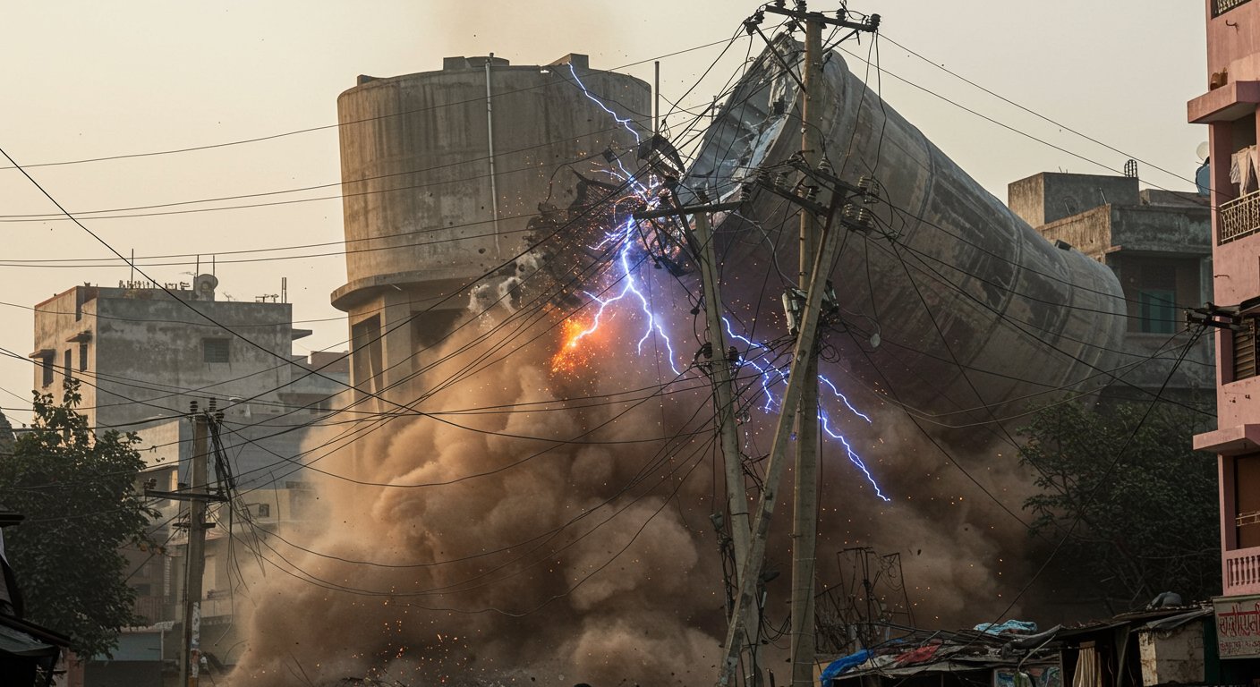 Terrifying Video: Giant Water Tank Falls on Power Lines, Heart-Stopping Accident Caught on Camera!