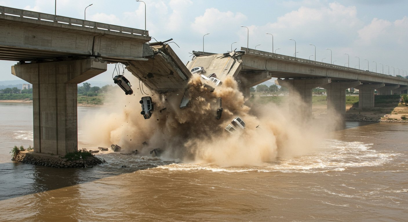 Tawi River Bridge Collapses Suddenly Amidst Moving Vehicles; Horrific Scene Unfolds, Probe Begins After Video Goes Viral.