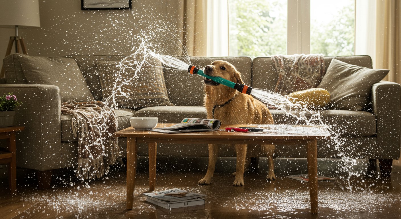 Viral Video: Dog wreaks havoc throughout the entire house with a water pipe in its mouth!