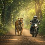 Biker Narrowly Escapes: Tiger Appears on Jungle Road, Terrifying Video Goes Viral!