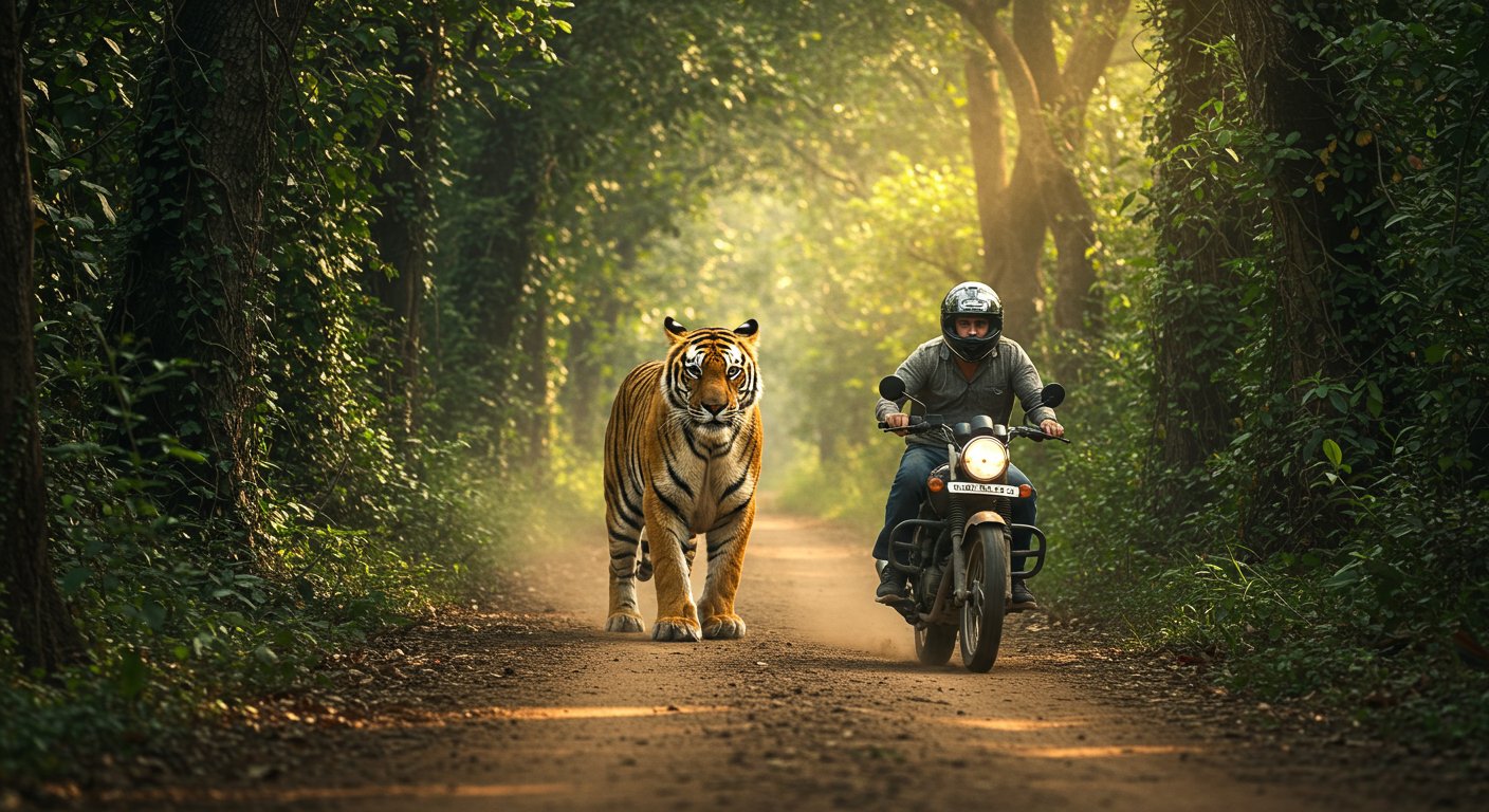 Biker Narrowly Escapes: Tiger Appears on Jungle Road, Terrifying Video Goes Viral!