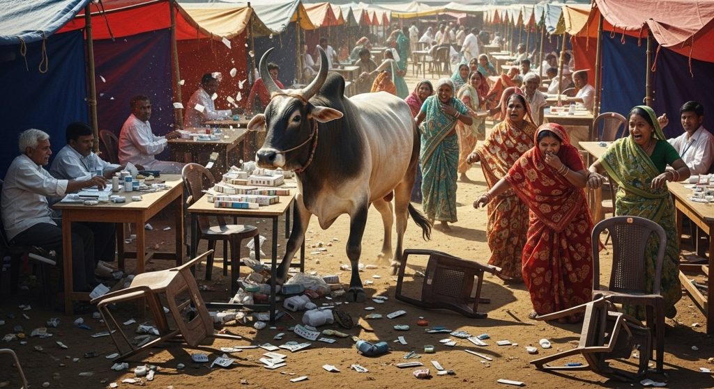 Doctors absent at Chief Minister's Health Fair, a bull caused havoc; chaos erupted.