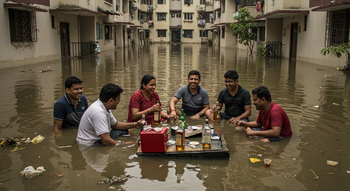 Society Waterlogged, People Began Liquor Party While Sitting In The Middle; Viral Video Sparks Commotion.