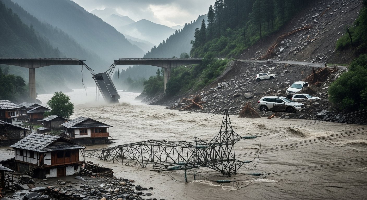 Monsoon Fury in Himachal: Devastation after Pong Dam water release; houses damaged, electricity tower collapses in Pandoh, vehicles buried by landslides in Shimla, and bridge collapses in Sunni.