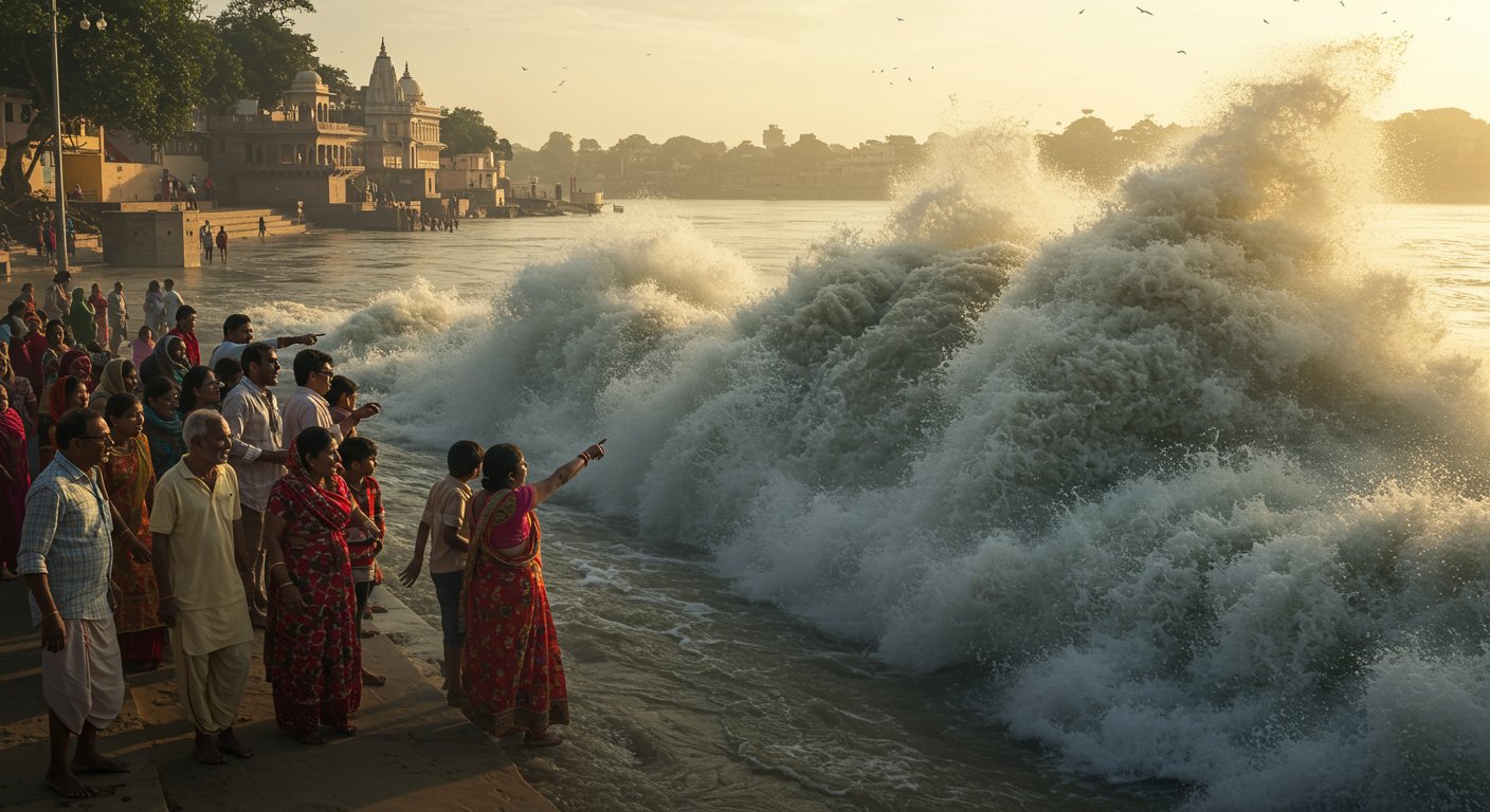 Shocking Sight: Water flows backward and tall waves rise in this river, people astonished!