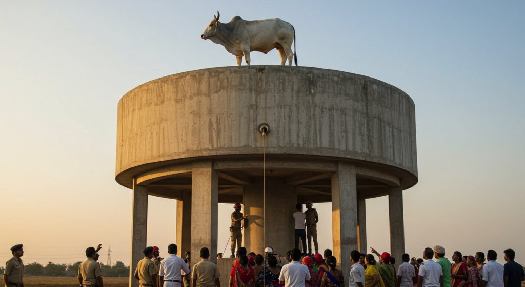 Bull climbs 50-foot water tank like 'Sholay's Veeru', hours-long rescue operation, video goes viral.