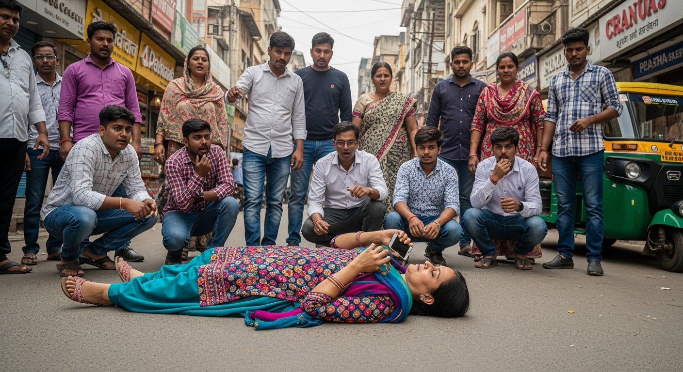 Woman Engrossed on Phone Lays on Road, Passersby Stunned! What Happened?