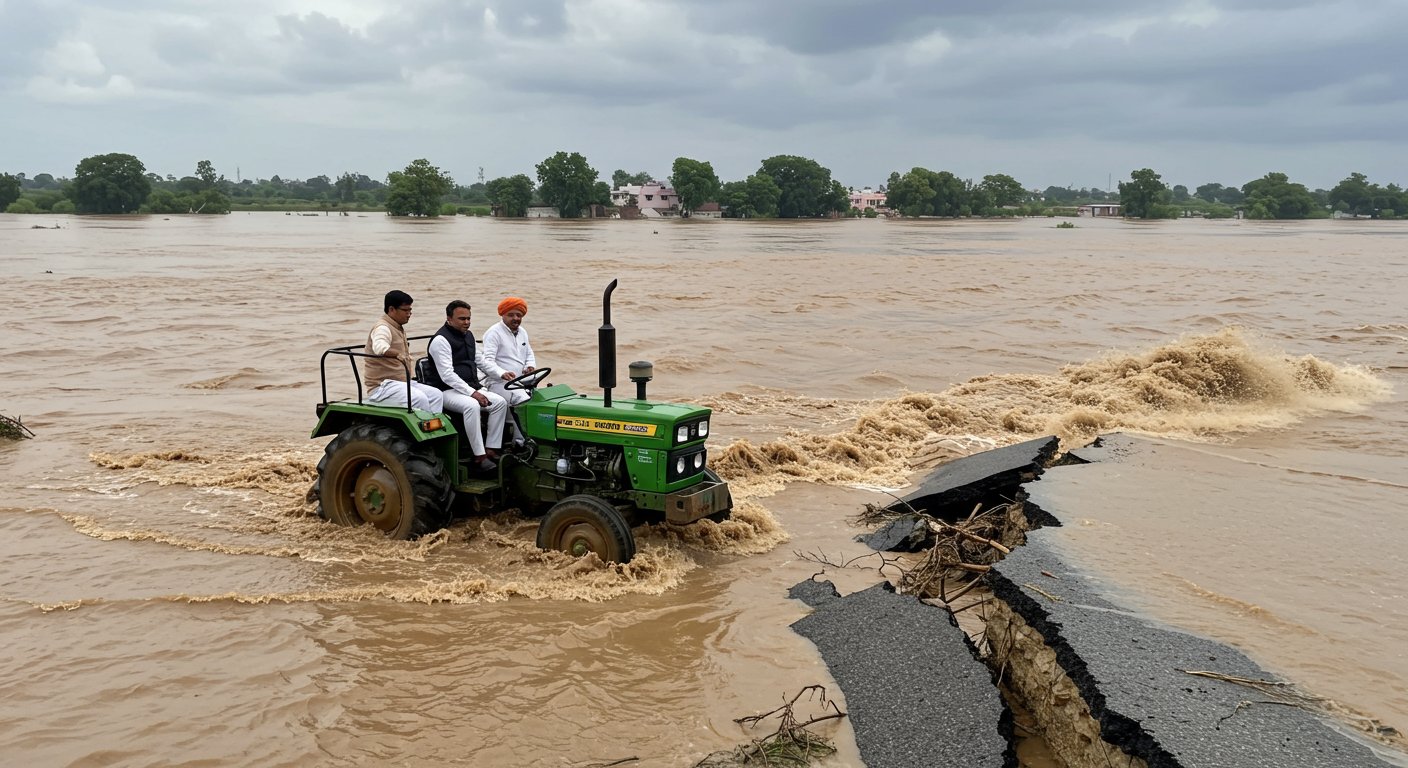 Raging Yamuna in Mathura: Road Swept Away by Strong Current, DM-ADM Arrive by Tractor; Photos Go Viral