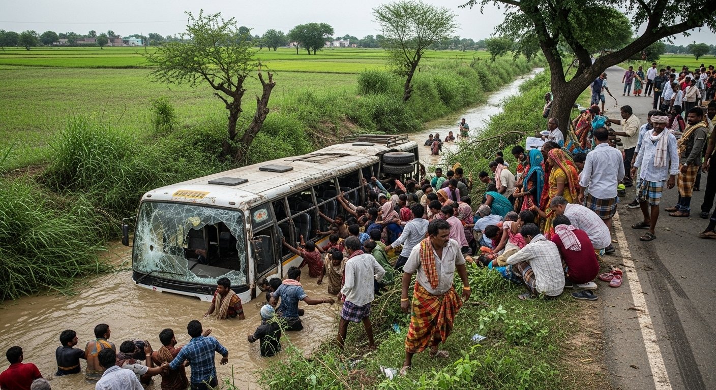 Budaun: Horrific Road Accident; Private Bus Overturns in Water-Filled Ditch, One Woman Dead, 12 Injured; Panic Among Passengers
