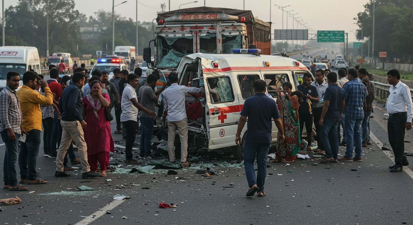 एक्सप्रेस-वे पर खौफनाक हादसा: शव ले जा रही एंबुलेंस को कैंटर ने रौंदा, चीख पुकार से दहला इलाका
