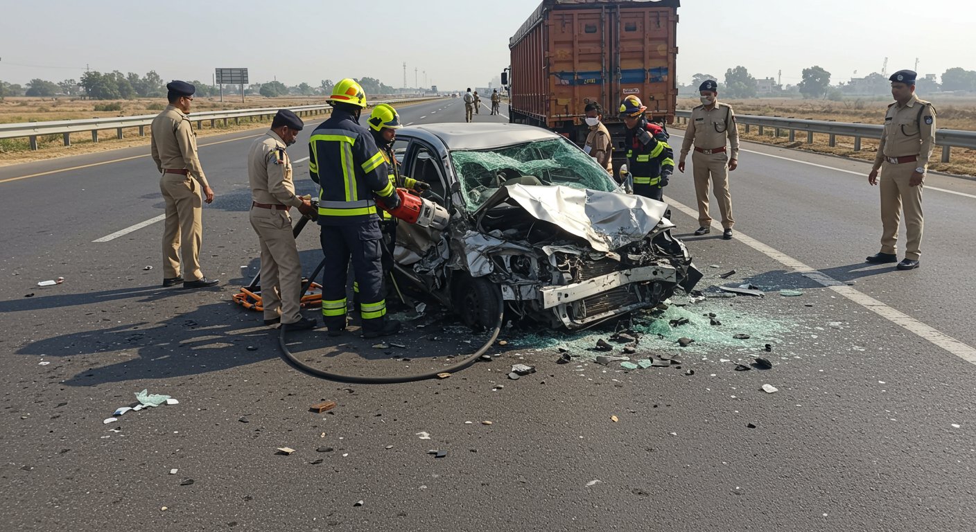 Horrific Accident on Purvanchal Expressway: Speeding Car Rams Stationary Truck, Three Tragically Die; Vehicle Cut to Extract Bodies