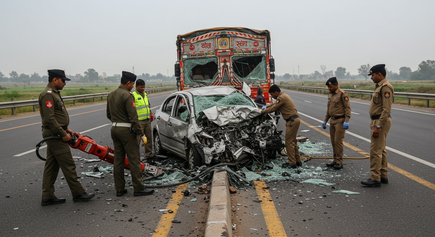 Horrific Accident on Purvanchal Expressway: Car Crashes into Truck, Three Dead, Bodies Extricated by Cutting