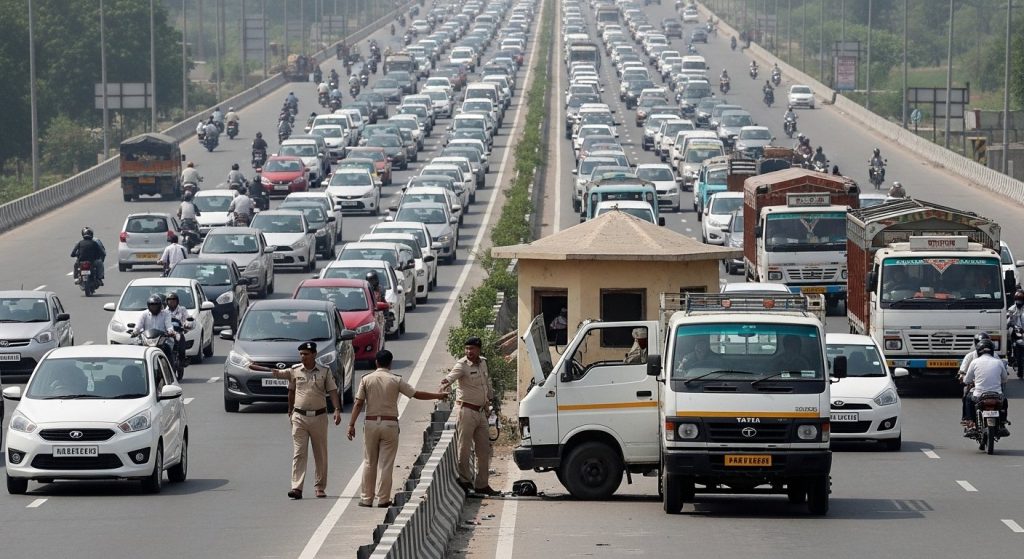 Terrible Traffic Jam on Agra-Delhi Highway: Canter Breaks Down Right in Front of Police Outpost, Long Queues of Vehicles