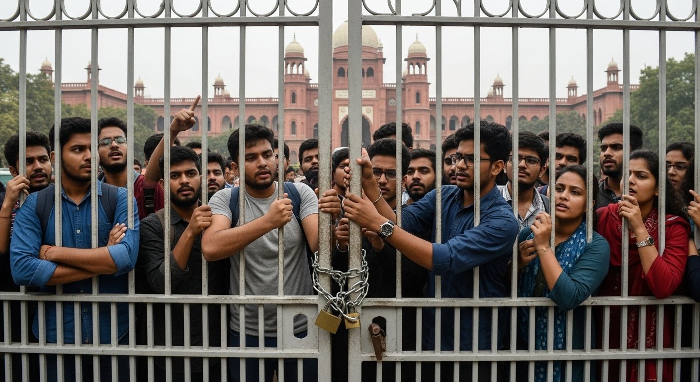 अलीगढ़ मुस्लिम यूनिवर्सिटी में बड़ा बवाल: मानदेय की मांग को लेकर विद्यार्थियों ने पैरामेडिकल कॉलेज के गेट पर डाला ताला