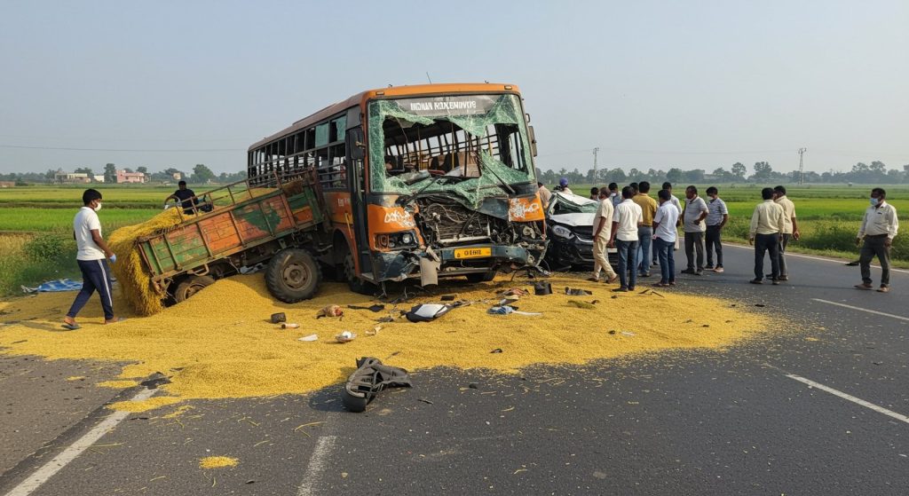 Major Accident in Amroha: Roadways Bus Collides with Paddy-Laden Tractor, Bus Driver Killed, Eight Injured, Following Car Also Crashes