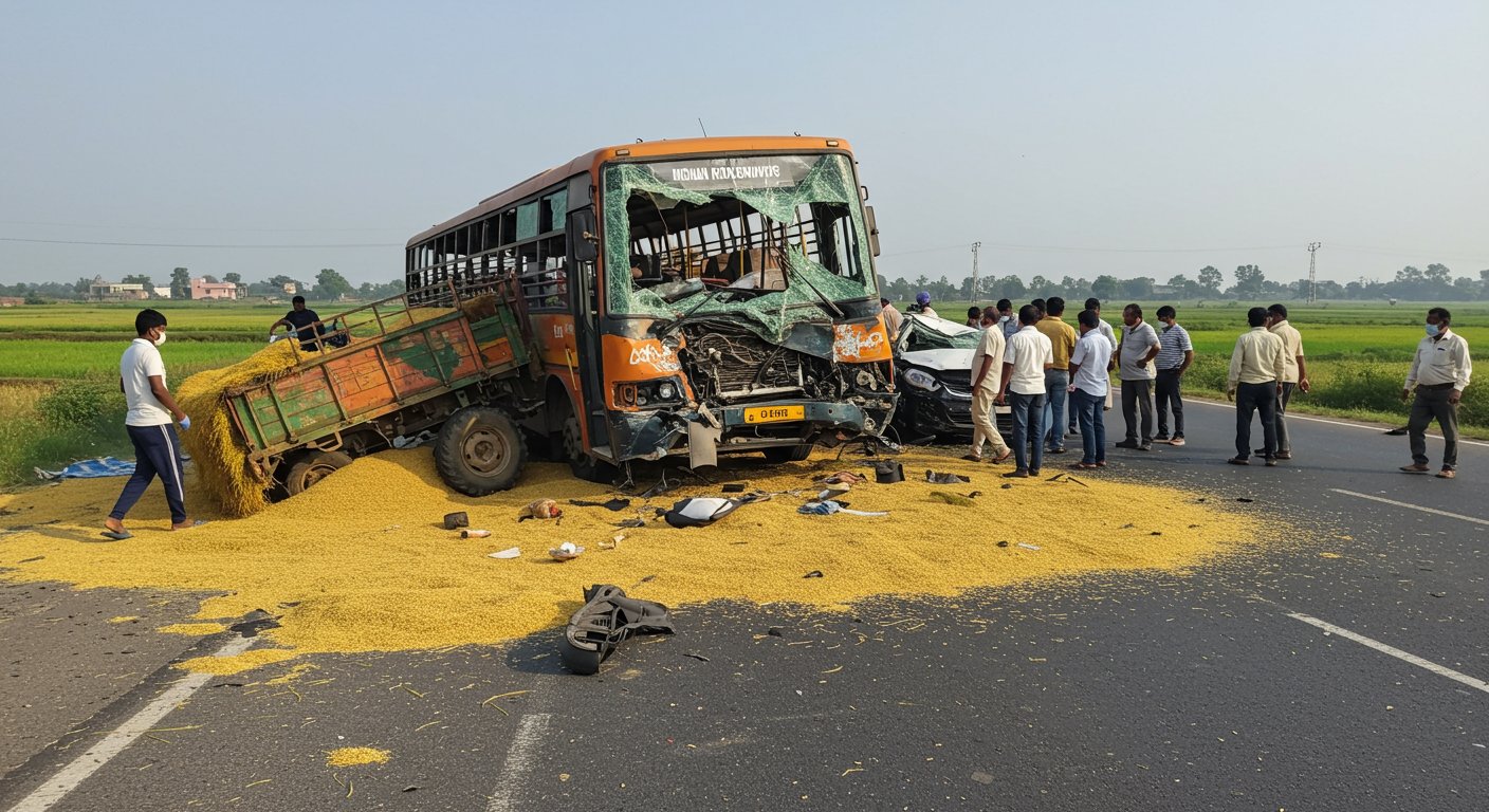 अमरोहा में भीषण हादसा: रोडवेज बस ने धान लदे ट्रैक्टर को मारी टक्कर, बस चालक की मौत, आठ घायल, पीछे से आ रही कार भी घुसी