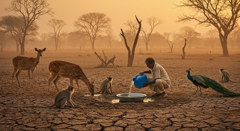 Thirsty animals wandering in a dry forest; a man did something that surprised and moved everyone!