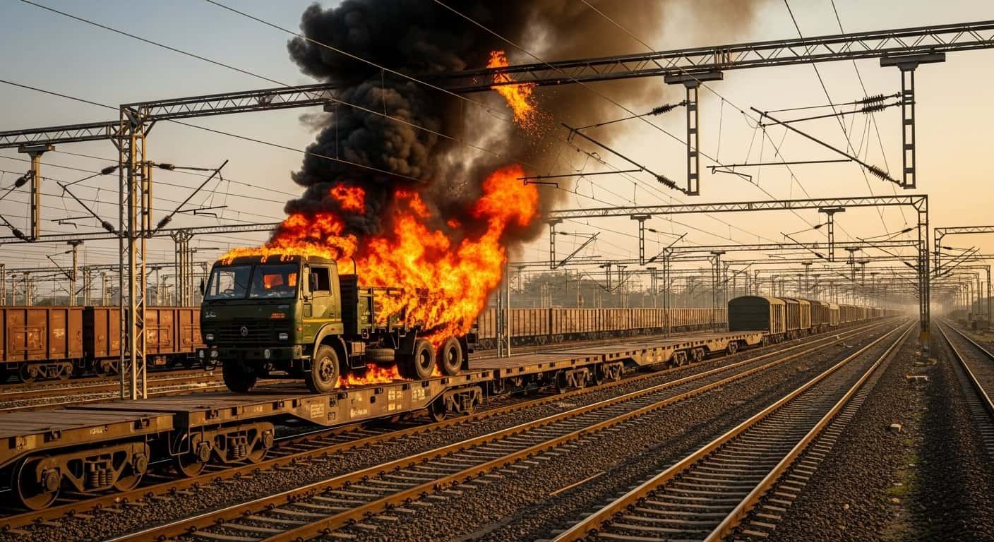 सेना के ट्रक में आग, हाइटेंशन लाइन से जला:उज्जैन में मालगाड़ी में लोड था ट्रक; जोधपुर जा रहा था सामान