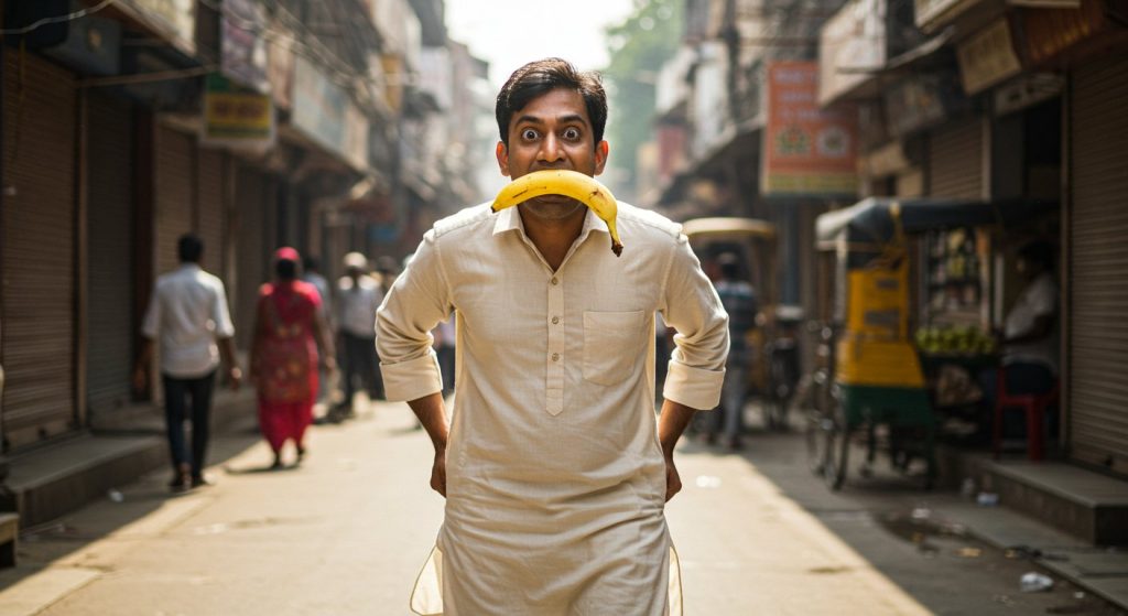 Dangling a banana in its mouth, it then began to strut; astonished people watching the video asked, 'Is this a human or a monkey?'