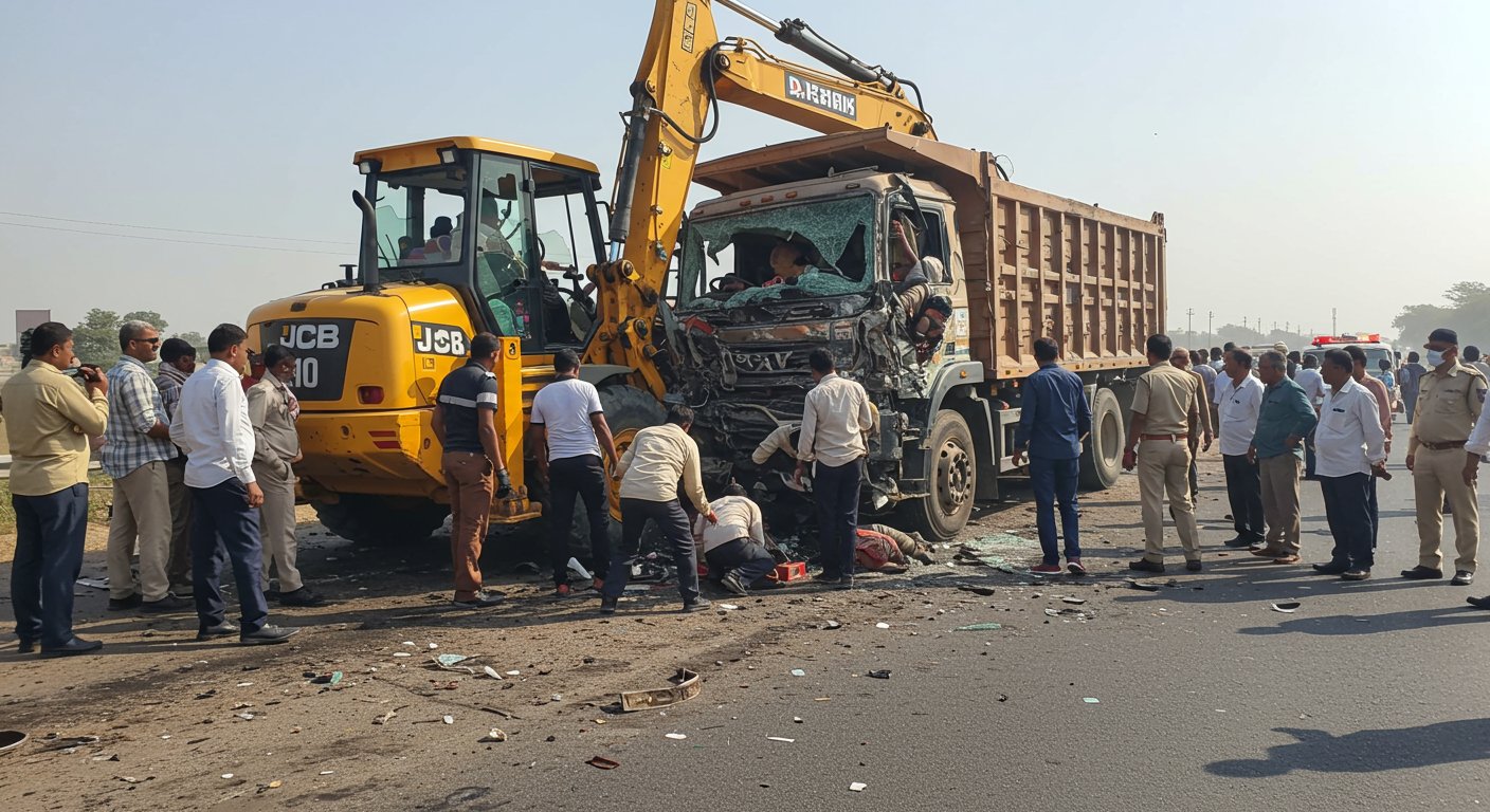 Horrifying Accident in Bareilly: Truck Collides with JCB on Delhi Highway, Driver Trapped in Steering Wheel, Watch Video