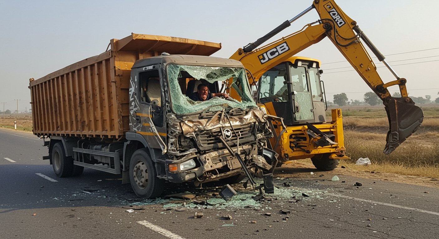 Bareilly: Truck Crashes into JCB on Highway, Driver Trapped in Steering Wheel, Viral Video Horrifies People