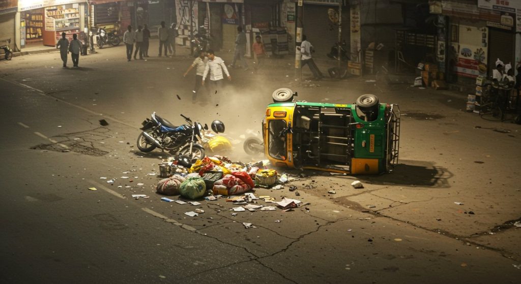 Terrifying Scene! Caught on CCTV: Motorcyclist Hits Auto, Auto Flips, Goods Scattered