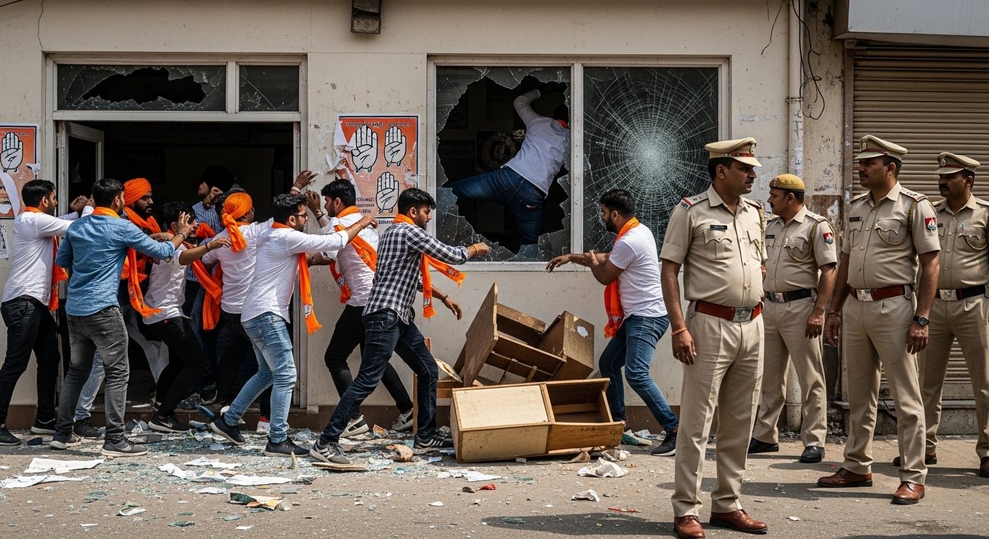 BJP workers vandalised Congress office in Lakhimpur, police remained 'mute spectators'; video viral