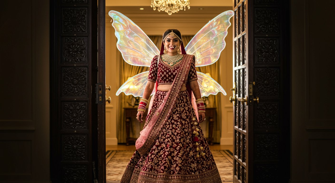 The bride had the idea to become a 'fairy'; as soon as she entered the room wearing fake wings, what happened next?