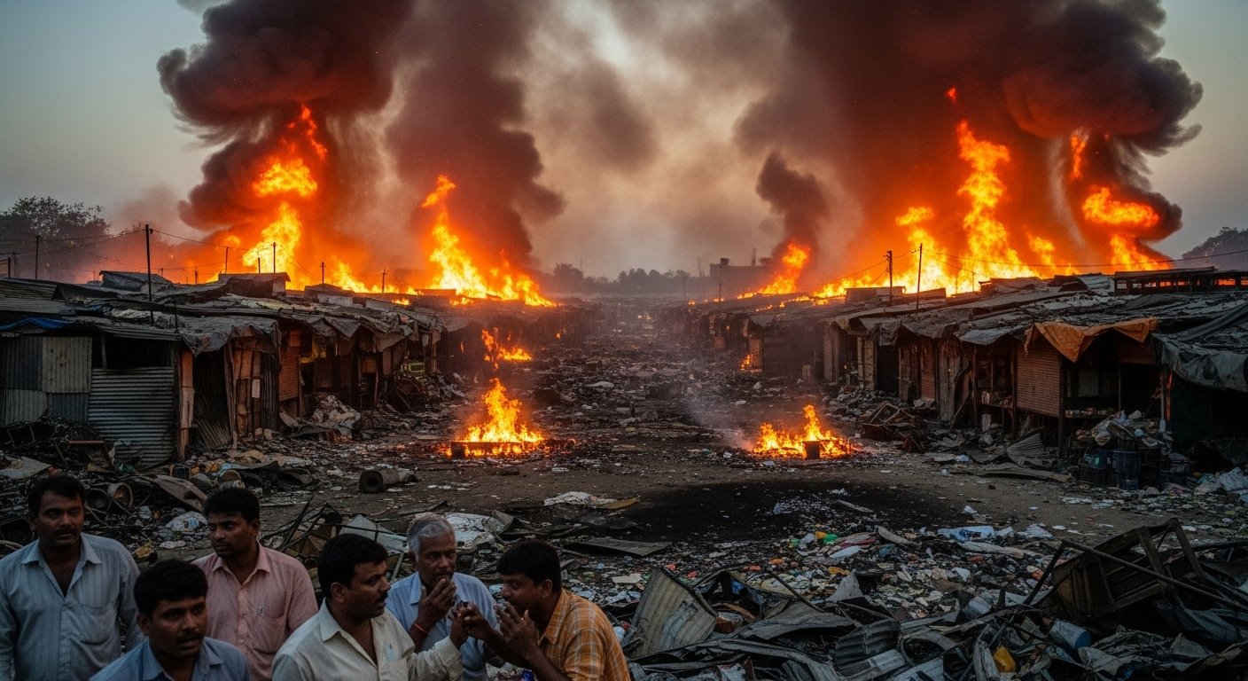 बदायूं: कबाड़ी बाजार में लगी भीषण आग, धमाकों से दहला इलाका, कई दुकानें राख, तीन झुलसे