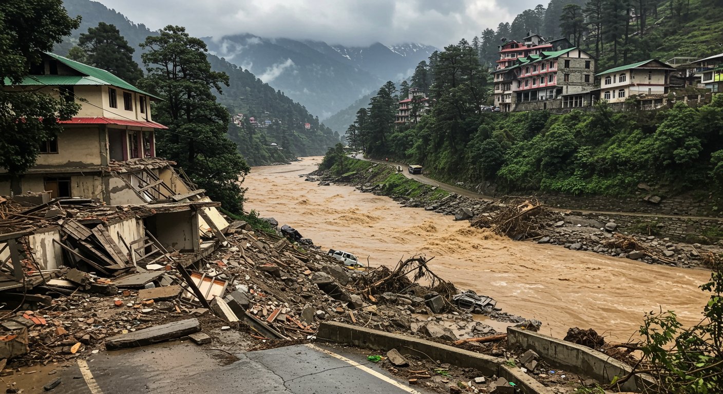 शिमला में लैंडस्लाइड से बिल्डिंग को खतरा:सर्कुलर रोड बंद; किन्नौर में बादल फटा, 2 गाड़ियां बहीं, कुमारसैन में 3 मंजिला मकान जमींदोज