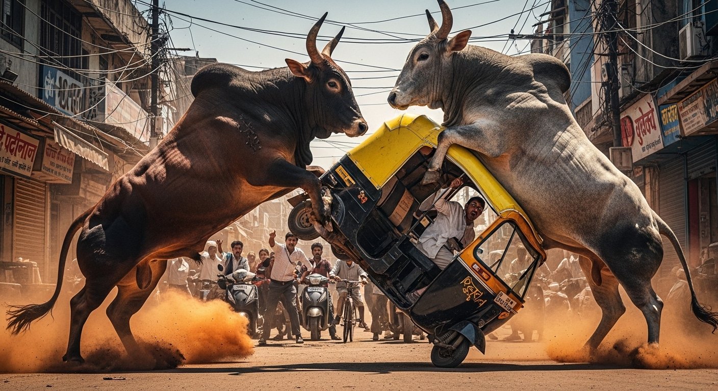 सड़क पर सांडों का ‘WWE’! बीच में आए ऑटो रिक्शा को उठा-उठाकर पटका, वीडियो हुआ वायरल