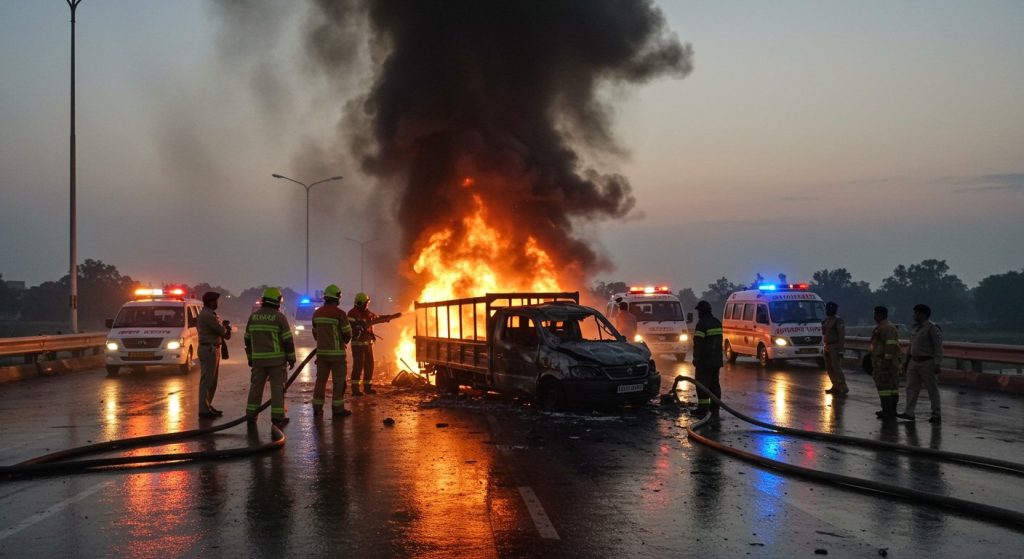 Horrific Collision on Aligarh's Gopi Bridge: Fire Erupts After Canter-Car Crash, 4 Burnt Alive, 1 Injured