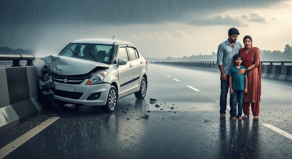 Heavy Rain Causes Accident on Lucknow Expressway: Car Hits Divider, Family Safe